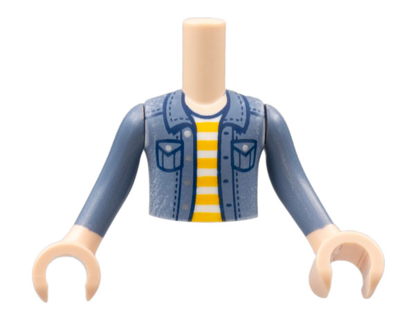 Torso Mini Doll Boy Sand Blue Denim Jacket, White and Bright Light Orange Striped Shirt Pattern, Light Nougat Arms with Hands with Sand Blue Sleeves