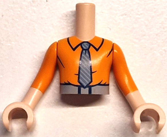 Torso Mini Doll Boy Orange Shirt with Collar, Belt with Black Buckle, Light Bluish Gray and Dark Bluish Gray Striped Tie Pattern, Light Nougat Arms with Hands with Orange Sleeves