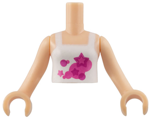Torso Mini Doll Girl White Halter Top with Dark Pink and Magenta Circles and Stars Pattern, Light Nougat Arms with Hands