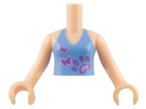Torso Mini Doll Girl Medium Blue Halter Top with Paw Print and 2 Butterflies Pattern, Light Nougat Arms with Hands