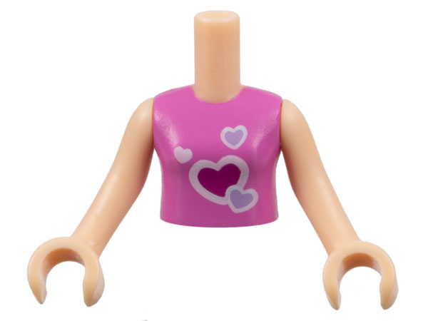 Torso Mini Doll Girl Dark Pink Vest Top with Hearts Pattern, Light Nougat Arms with Hands