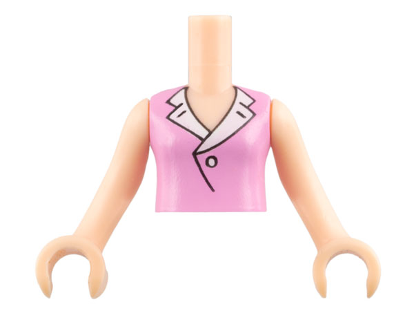 Torso Mini Doll Girl Bright Pink Blouse Top with Open Collar and Button Pattern, Light Nougat Arms with Hands
