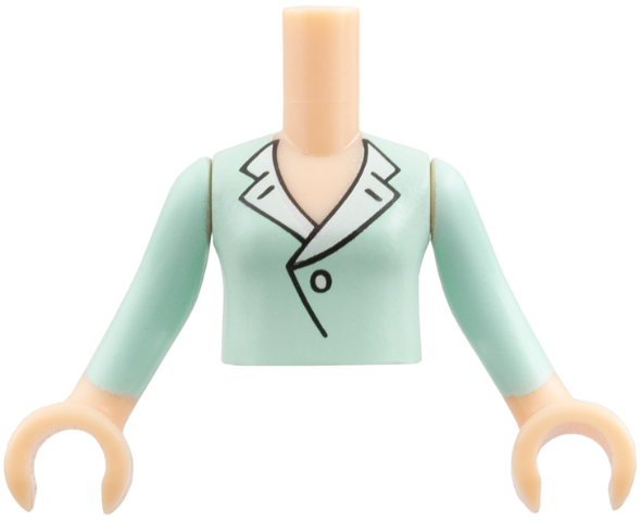 Torso Mini Doll Girl Light Aqua Blouse Top with White Lapels and Button Pattern, Light Nougat Arms with Hands with Light Aqua Long Sleeves