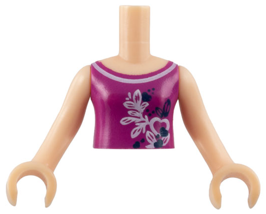 Torso Mini Doll Girl Magenta Top with Butterflies and Leaves Pattern, Light Nougat Arms with Hands