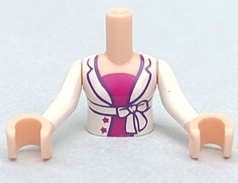 Torso Mini Doll Girl White Open Jacket with Belt over Magenta Shirt Pattern, Light Nougat Arms with Hands with White Sleeves