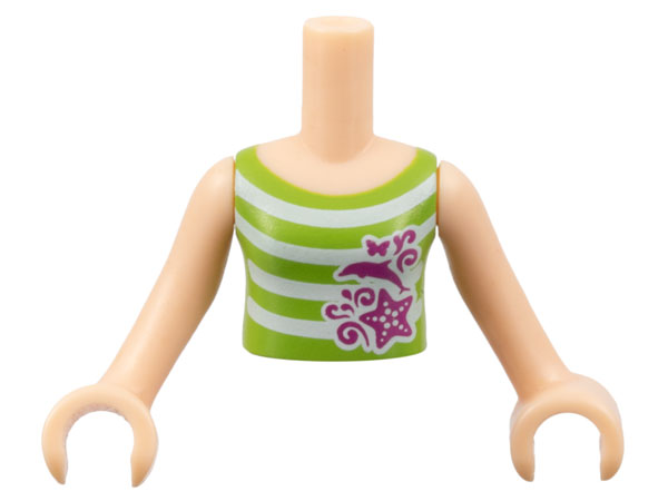 Torso Mini Doll Girl Lime Top with White Stripes and Magenta Dolphin, Starfish, Butterfly, and Swirls Pattern, Light Nougat Arms with Hands