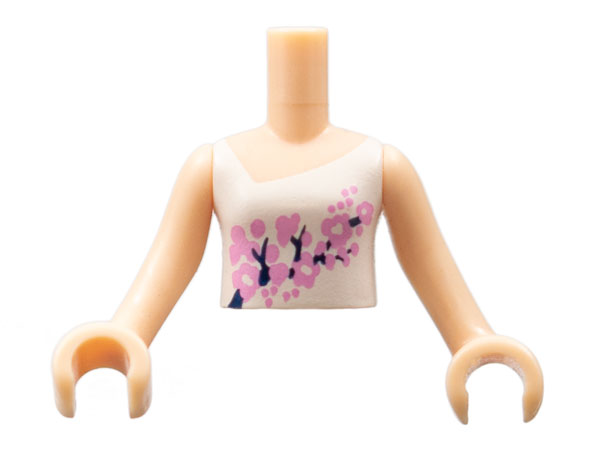 Torso Mini Doll Girl White Vest Top with Bright Light Pink and Black Flowers Pattern, Light Nougat Arms with Hands