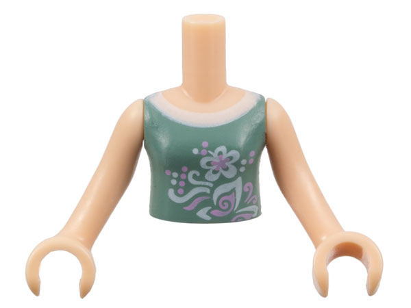 Torso Mini Doll Girl Sand Green Vest Top with Flower and Butterfly Pattern, Light Nougat Arms with Hands