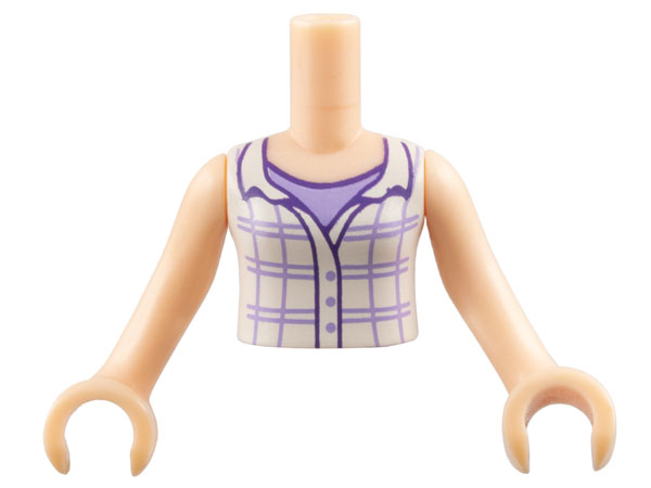 Torso Mini Doll Girl White Plaid Button Top Sleeveless with Open Collar over Lavender Shirt Pattern, Light Nougat Arms with Hands