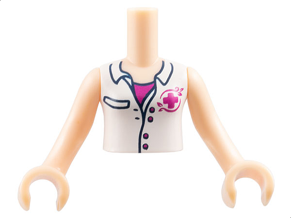 Torso Mini Doll Girl White Blouse Top with Pocket, Buttons, Open Collar, and Magenta Cross Logo over Shirt Pattern, Light Nougat Arms with Hands