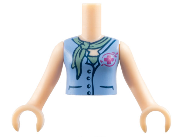 Torso Mini Doll Girl Medium Blue Blouse Top with Magenta Cross Logo over Sand Green Shirt and Sand Green Scarf Pattern, Light Nougat Arms with Hands