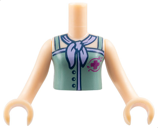 Torso Mini Doll Girl Sand Green Top with Magenta Cross Logo and Lavender Scarf Pattern, Light Nougat Arms with Hands