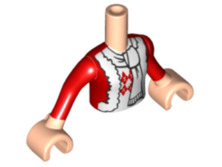 Torso Mini Doll Girl Red Holiday Jacket with White Trim, Argyle Sweater and White Scarf Pattern, Light Nougat Arms with Hands with Red Sleeves