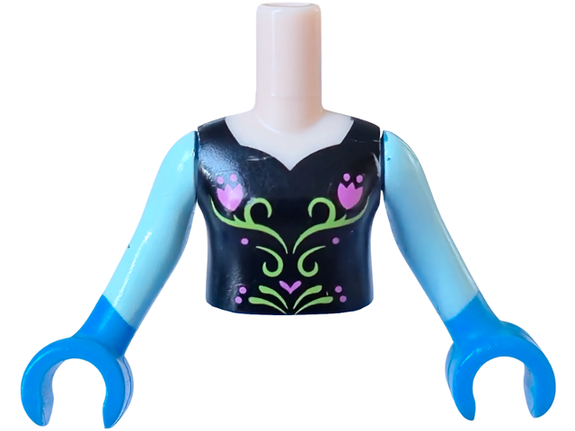 Torso Mini Doll Girl Black Top with Flower Pattern, Light Aqua Arms / Sleeves with Dark Azure Hands / Gloves