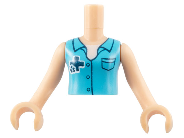 Torso Mini Doll Girl Medium Azure Blouse Top with Dark Blue Cross Logo and Animal Paw over White Shirt Pattern, Light Nougat Arms with Hands