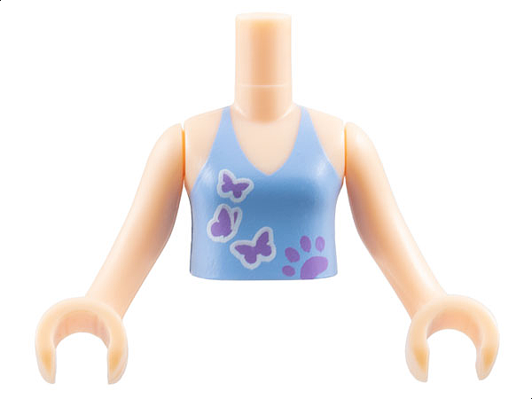 Torso Mini Doll Girl Medium Blue Halter Top with Medium Lavender Paw Print and 3 Butterflies Pattern, Light Nougat Arms with Hands