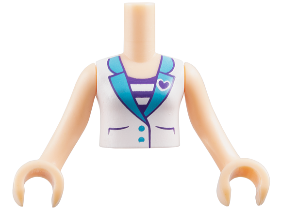 Torso Mini Doll Girl White Vest with Dark Purple Heart over White and Dark Purple Striped Shirt Pattern, Light Nougat Arms with Hands