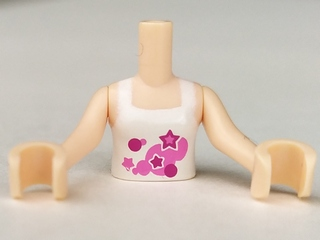 Torso Mini Doll Girl White Halter Top with Dark Pink and Magenta Circles and Stars with White Outline Pattern, Light Nougat Arms with Hands