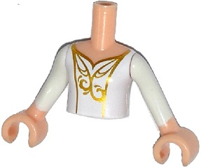 Torso Mini Doll Girl White Top with Gold Filigree Pattern, Light Nougat Arms with Hands with White Sleeves