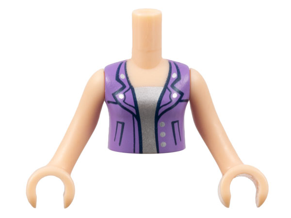 Torso Mini Doll Girl Medium Lavender Open Vest with Buttons over Silver Top Pattern, Light Nougat Arms with Hands