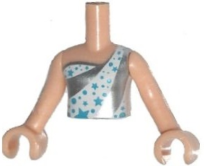 Torso Mini Doll Girl White and Silver Sleeveless One Strap Top with Medium Azure Stars and Circles Pattern, Light Nougat Arms with Hands