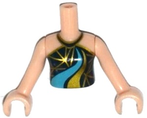 Torso Mini Doll Girl Dark Blue Halter with Gold Trim and Triangles and Medium Azure and Gold Curved Stripes Pattern, Light Nougat Arms with Hands