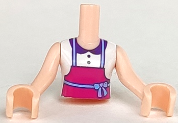Torso Mini Doll Girl White Blouse Top with Dark Purple Collar and Buttons, Magenta Apron Pattern, Light Nougat Arms with Hands