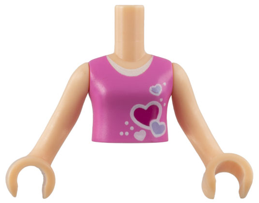 Torso Mini Doll Girl Dark Pink Top with Hearts and White Undershirt Pattern, Light Nougat Arms with Hands