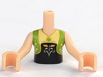 Torso Mini Doll Girl Lime Vest over Black and Gold Top with Flower and Necklace Pattern, Light Nougat Arms with Hands