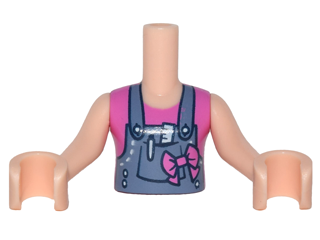 Torso Mini Doll Girl Sand Blue Overalls with Ruler and Pen in Pocket over Dark Pink Sleeveless Shirt, Bow Pattern, Light Nougat Arms with Hands