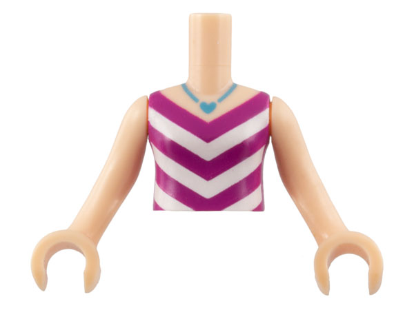 Torso Mini Doll Girl Magenta and White V-Stripe Top with Medium Azure Necklace with Heart Pendant Pattern, Light Nougat Arms with Hands