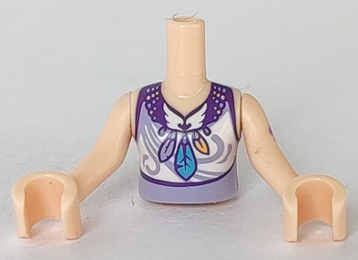 Torso Mini Doll Girl Lavender Top, Feather Necklace, Lavender Filigree on White Pattern, Light Nougat Arms with Hands with Gold Tattoo