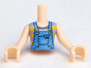 Torso Mini Doll Girl Medium Blue Overalls over Striped Tank Top Pattern, Light Nougat Arms with Hands