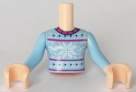 Torso Mini Doll Girl Bright Light Blue Fair Isle Sweater, Snowflakes Pattern, Light Nougat Arms with Hands with Bright Light Blue Sleeves