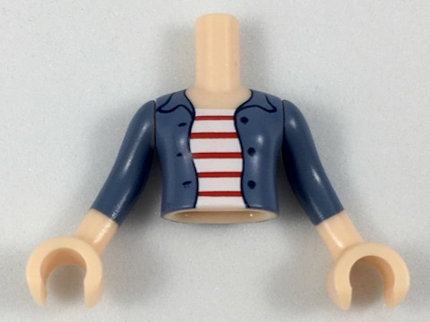 Torso Mini Doll Girl Sand Blue Jacket over White Shirt with 5 Red Stripes Pattern, Light Nougat Arms with Hands with Sand Blue Sleeves