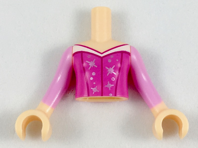 Torso Mini Doll Girl Dark Pink Top with Silver Stars and White Trim Pattern, Light Nougat Arms with Hands with Bright Pink Sleeves