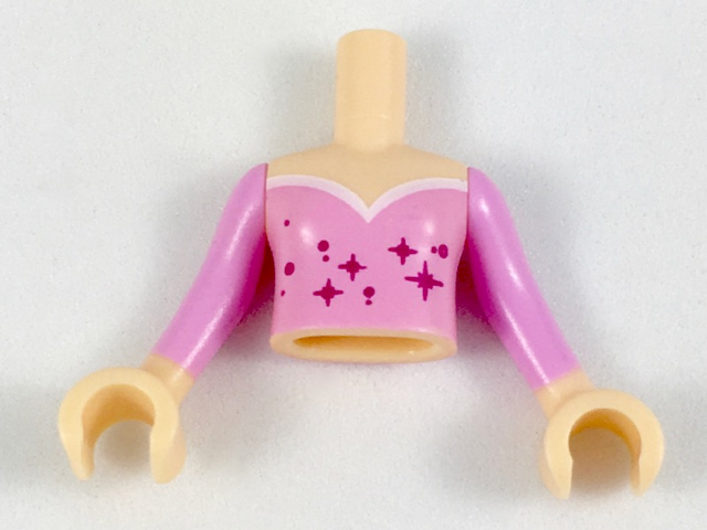 Torso Mini Doll Girl Bright Pink Top with Magenta Stars and White Trim Pattern, Light Nougat Arms with Hands with Bright Pink Sleeves