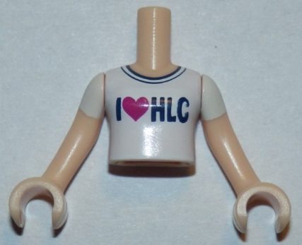 Torso Mini Doll Girl White T-Shirt with 'I Heart HLC' Pattern, Light Nougat Arms with Hands with White Short Sleeves