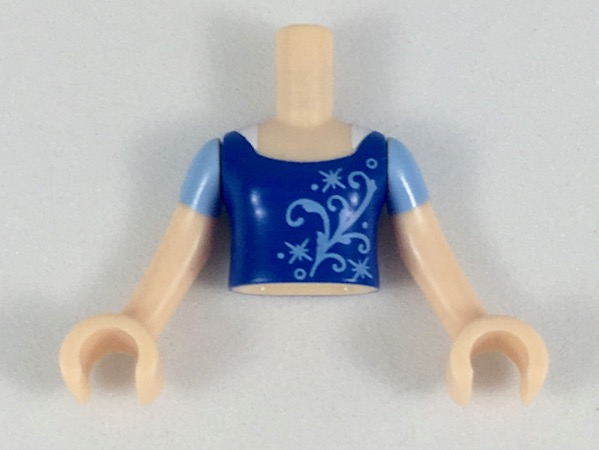 Torso Mini Doll Girl Blue Top with Bright Light Blue Filigree Pattern, Light Nougat Arms with Hands with Bright Light Blue Short Sleeves