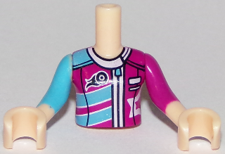 Torso Mini Doll Girl Magenta and Medium Azure Racing Jacket Pattern, Light Nougat Arms with Hands with Medium Azure Right Sleeve, Magenta Left Sleeve