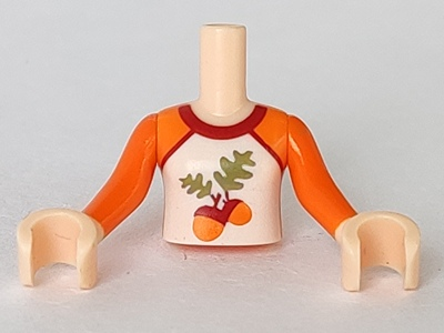 Torso Mini Doll Girl Orange Shirt with White Front and Acorns with Leaves Pattern, Light Nougat Arms with Hands with Orange Sleeves