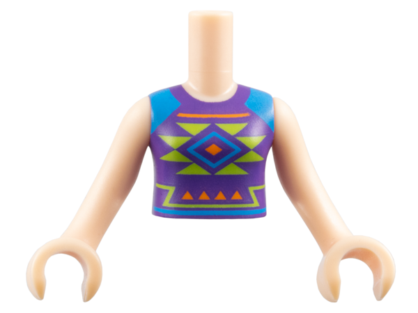 Torso Mini Doll Girl Dark Purple Shirt with Dark Azure Shoulders and Orange and Lime Diamonds and Triangles Pattern, Light Nougat Arms with Hands