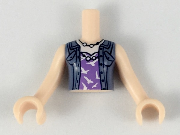 Torso Mini Doll Girl Medium Lavender Top with White Birds, Sand Blue Vest Pattern, Light Nougat Arms with Hands