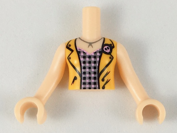 Torso Mini Doll Girl Bright Pink Top with Black and Silver Squares, Bright Light Orange Vest Pattern, Light Nougat Arms with Hands