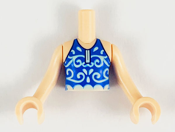 Torso Mini Doll Girl Blue Swimsuit Top with Light Aqua Filigree and Scalloped Waist Pattern, Light Nougat Arms with Hands