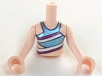 Torso Mini Doll Girl Metallic Light Blue Swimsuit Top with Magenta and White Diagonal Stripes Pattern, Light Nougat Arms with Hands