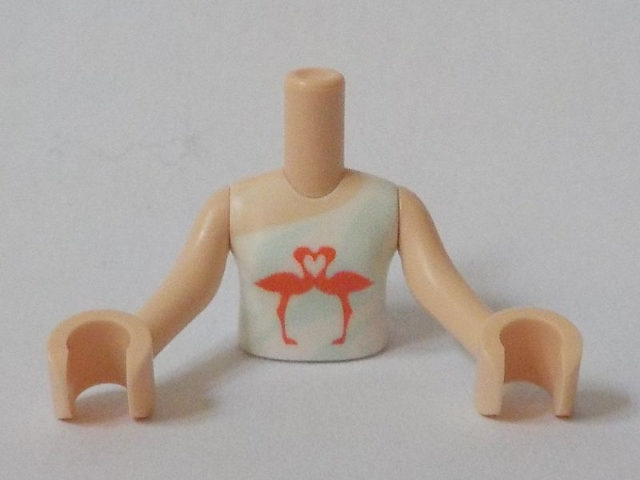 Torso Mini Doll Girl White and Light Aqua Sleeveless One Strap Top with Coral Flamingo Birds Pattern, Light Nougat Arms with Hands