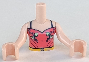 Torso Mini Doll Girl Top with Coral Halter Top, Bright Light Green Leaves and Yellow Belt Pattern, Light Nougat Arms with Hands