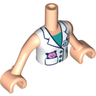 Torso Mini Doll Girl White Vest with Name Tag and Pocket, Dark Turquoise Undershirt, Teddy Bear and Paw Pattern, Light Nougat Arms with Hands