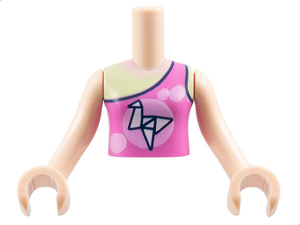 Torso Mini Doll Girl Dark Pink Top with Bright Pink Circles and White Origami Crane over Yellowish Green Tank Top Pattern, Light Nougat Arms with Hands